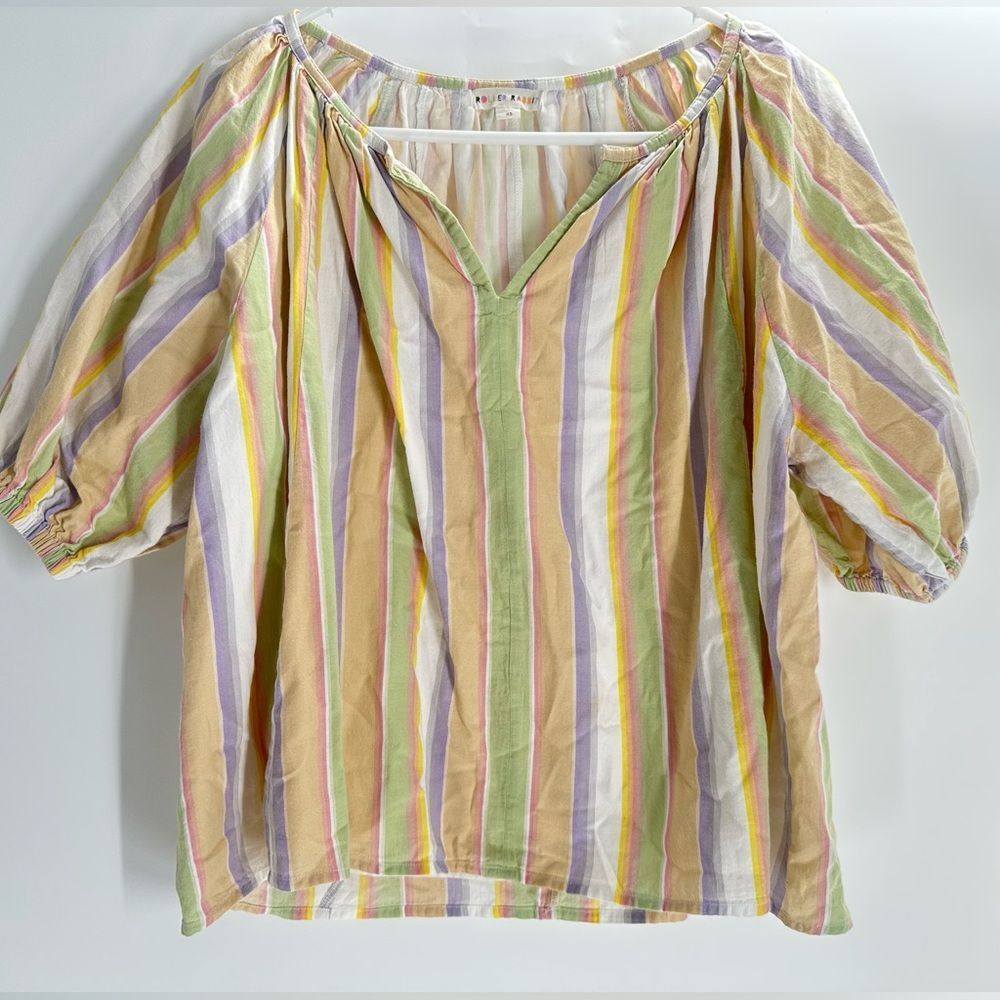 Roller Rabbit Short Puff Sleeve Blouse Top Sz XS Rainbow Stripe Split Neck Boho